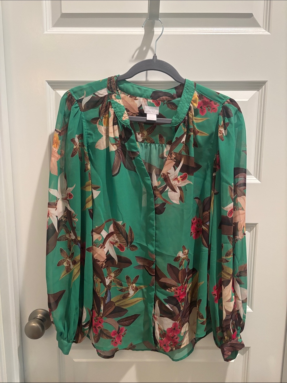 Chico's Emerald Green Floral Sheer Blouse with Cream & Brown Blooms